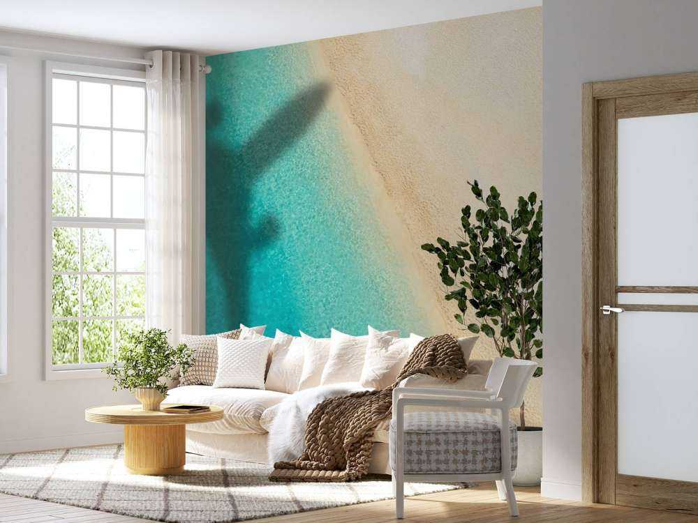 Vliegtuig schaduw op een tropisch strand