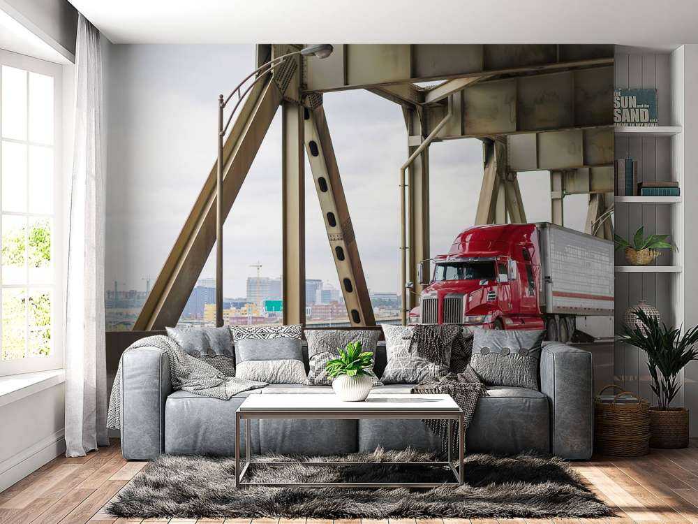 Rode Amerikaanse vrachtwagen op een brug