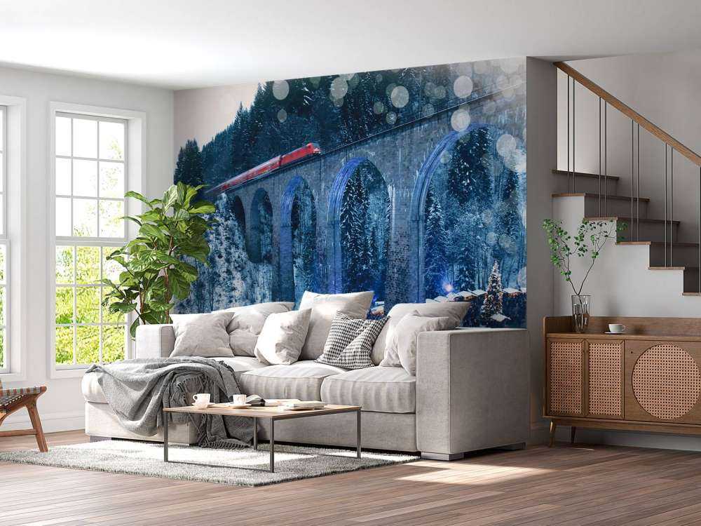 Rode trein boven een kerstmarkt