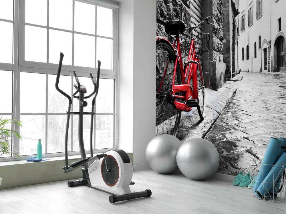 Rode fiets in een zwart-witte straat