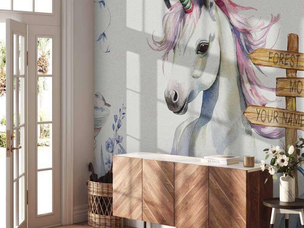 Baby eenhoorn met planten blauw