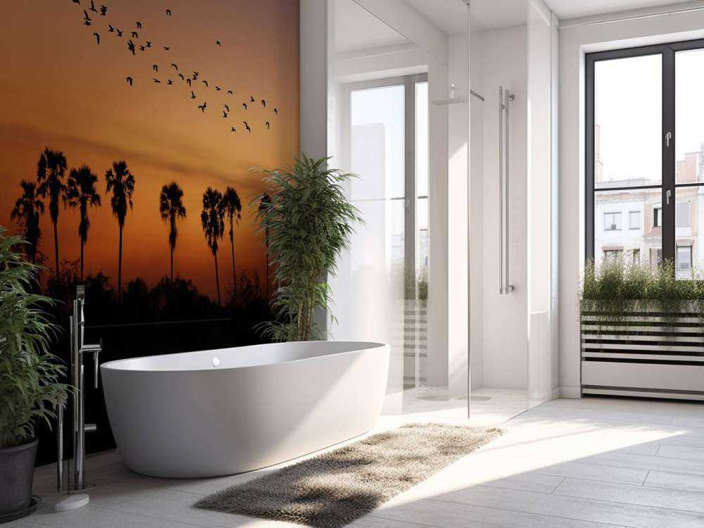 Palmbomen met groep vogels