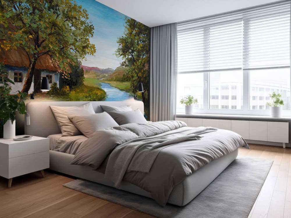 Boerderij met een zomers landschap schilderij