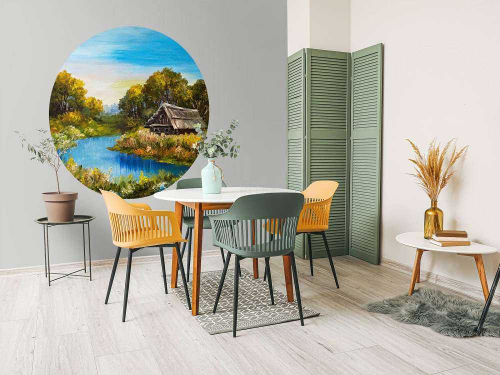 Boerderij aan een rivier schilderij