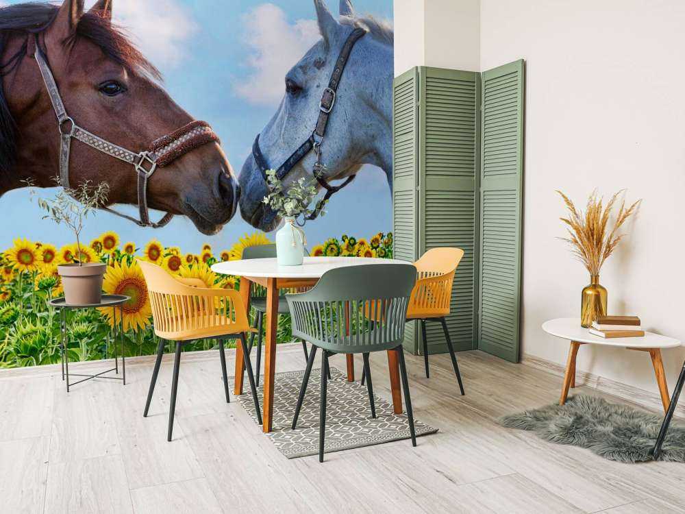 Liefdevolle paarden in een zonnebloemveld