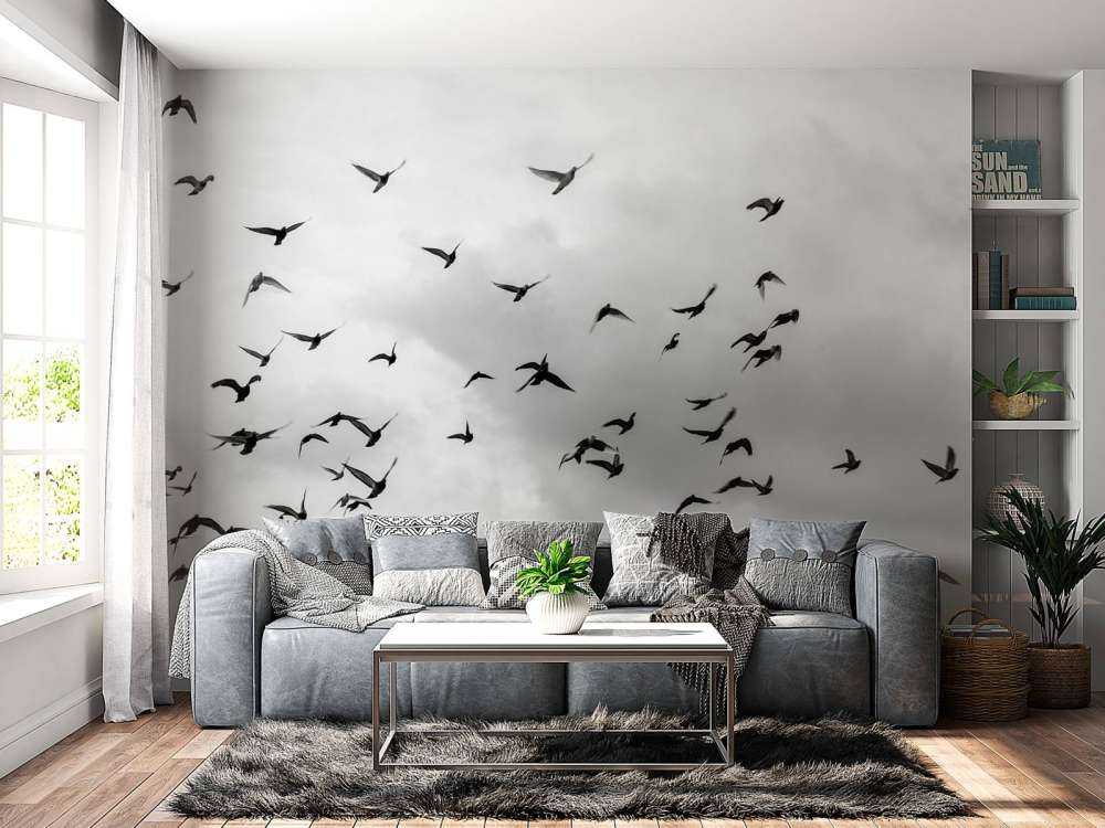 Vliegende duiven in zwart-wit