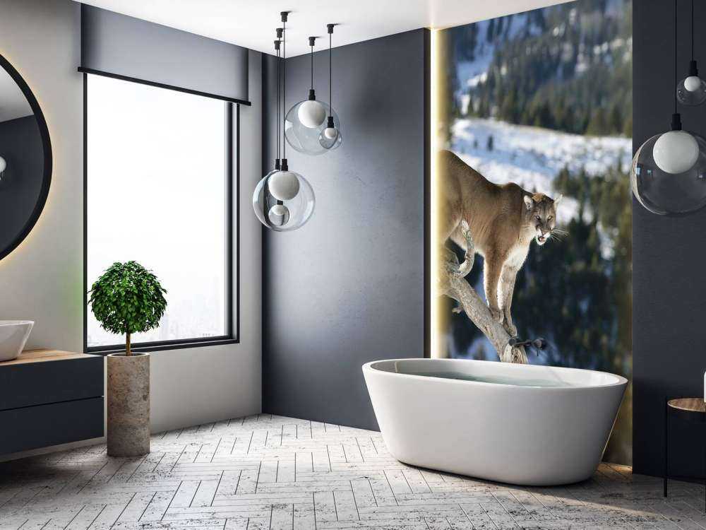 Bergleeuw op een dode boom