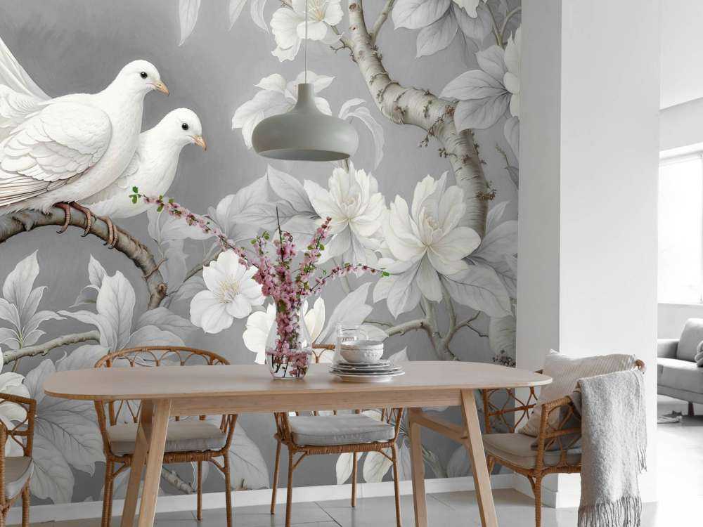 Witte duiven met magnoliabloesem