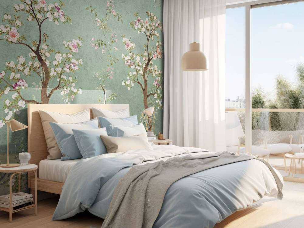 Sierlijke kraanvogels in bloesemlandschap