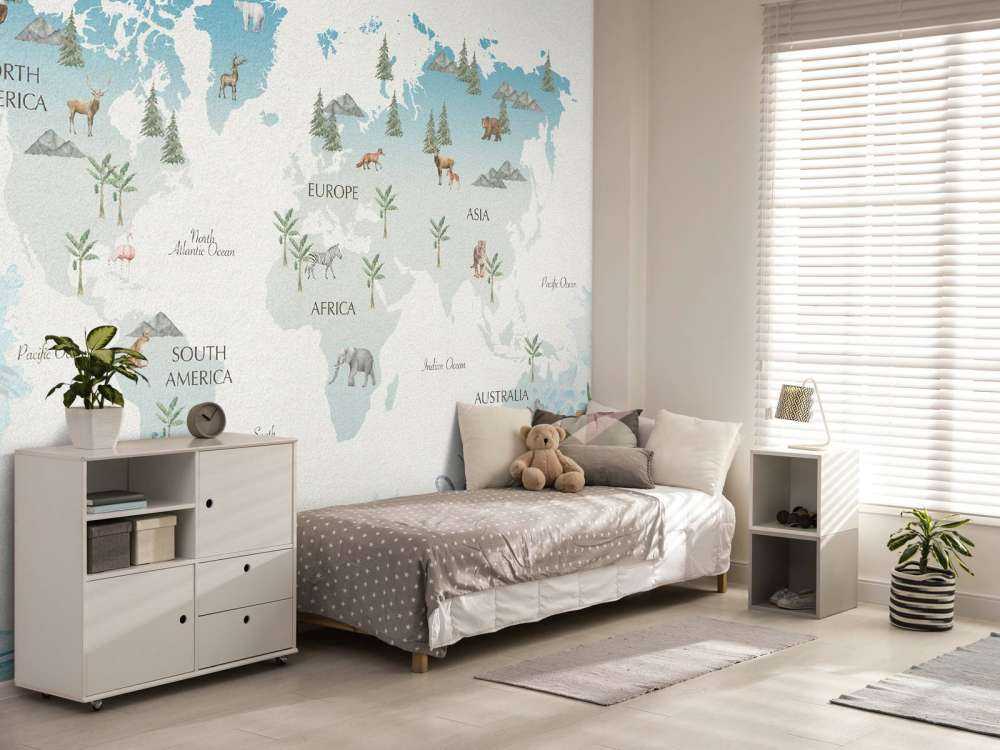 Wereldkaart met golven en dieren