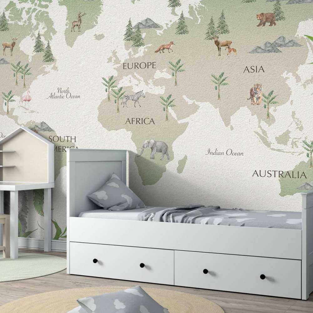 Wereldkaart met bamboe en panda's