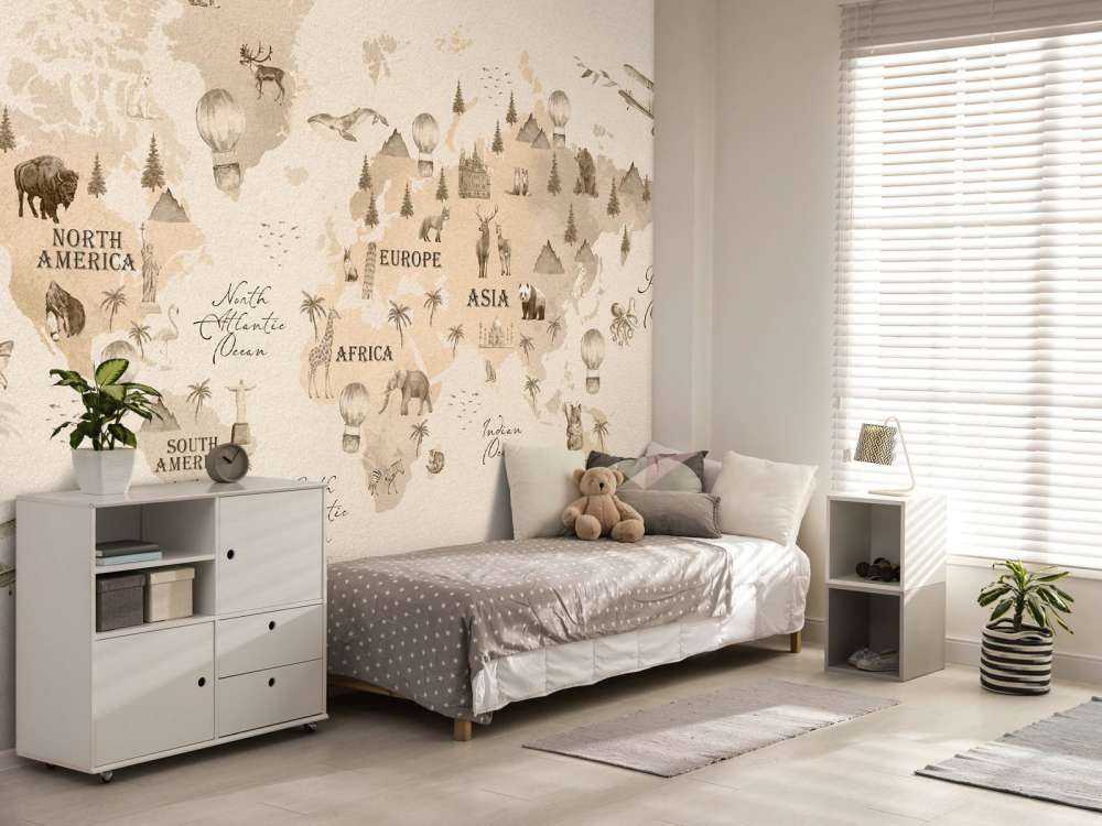 Wereldkaart met verschillende dieren beige