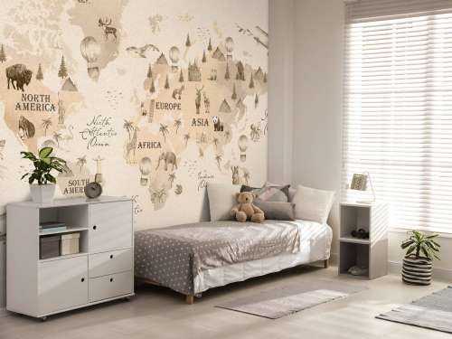 Wereldkaart met verschillende dieren beige