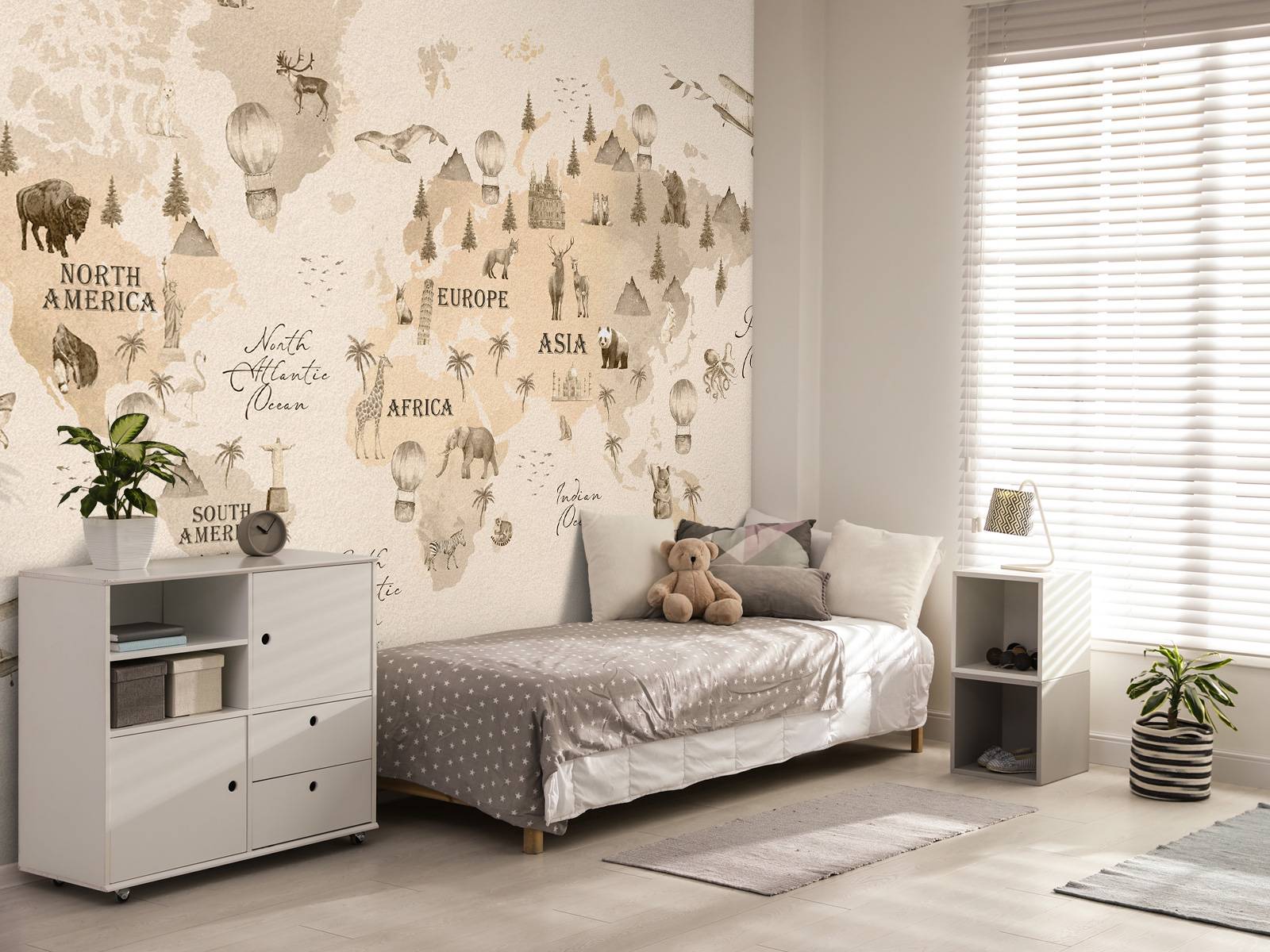 Wereldkaart met verschillende dieren beige