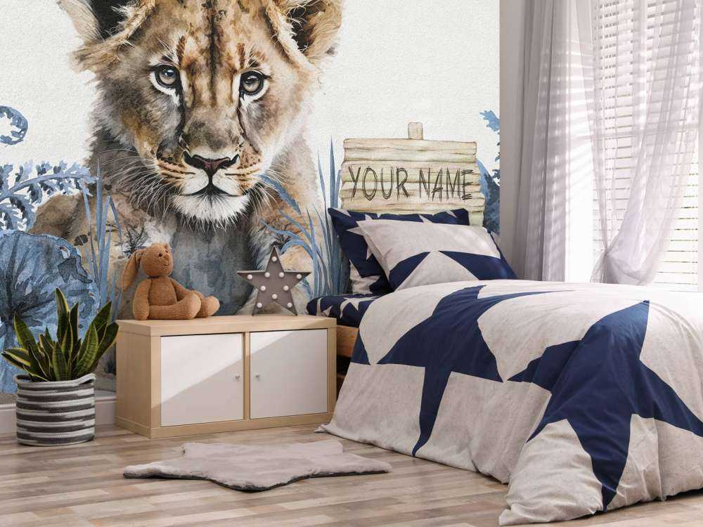 Jonge leeuw in de jungle blauw