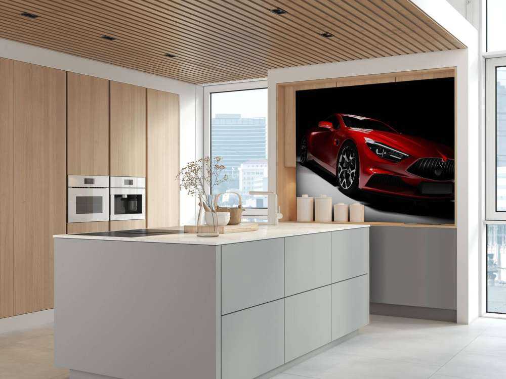 Rode sportauto in een donkere ruimte