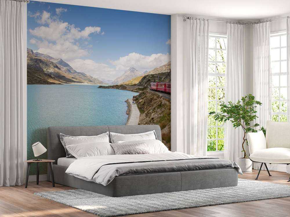 Rode trein langs een meer