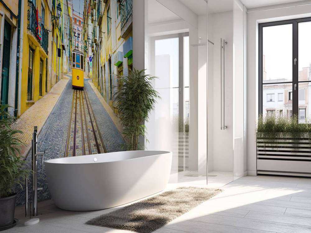 Tram door een straatje in Lissabon