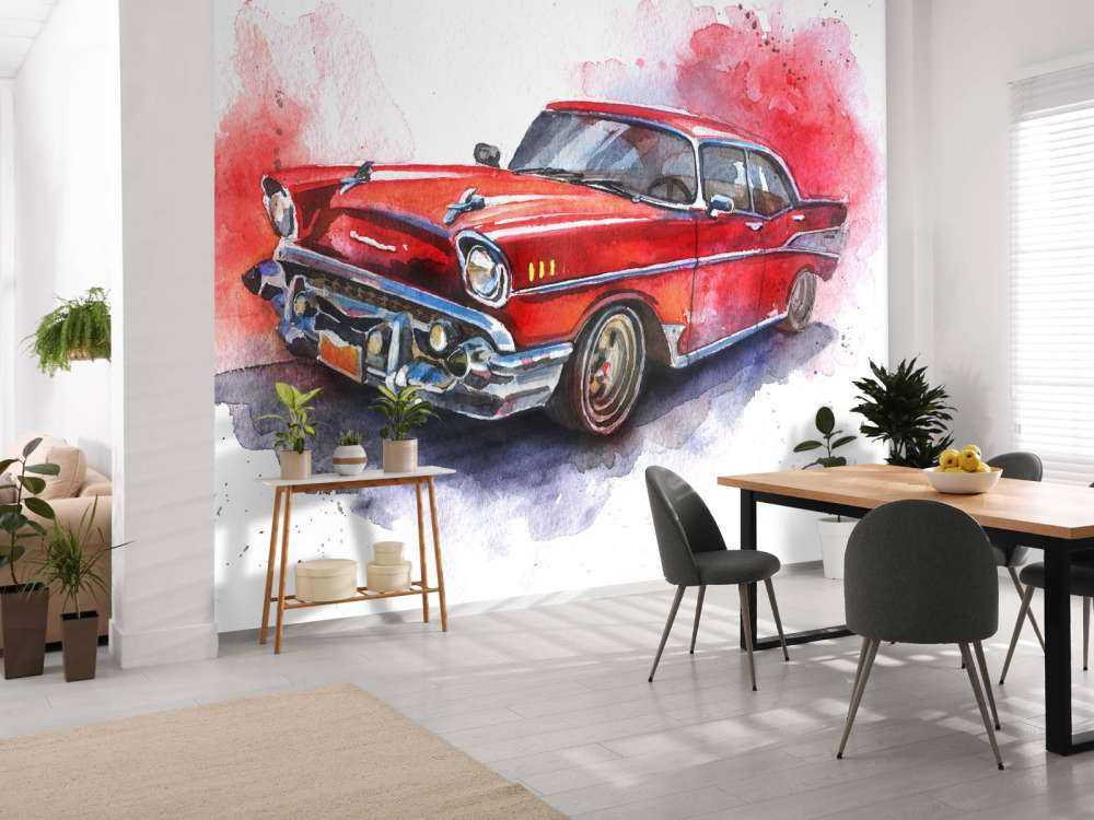 Aquarel van een rode ouderwetse auto