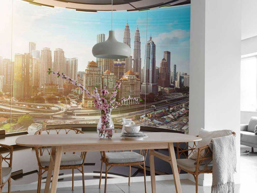 Wereldstad vanuit een futuristische kamer