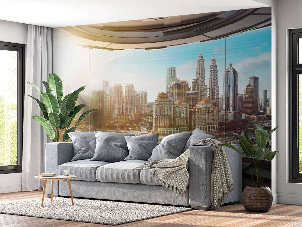 Wereldstad vanuit een futuristische kamer