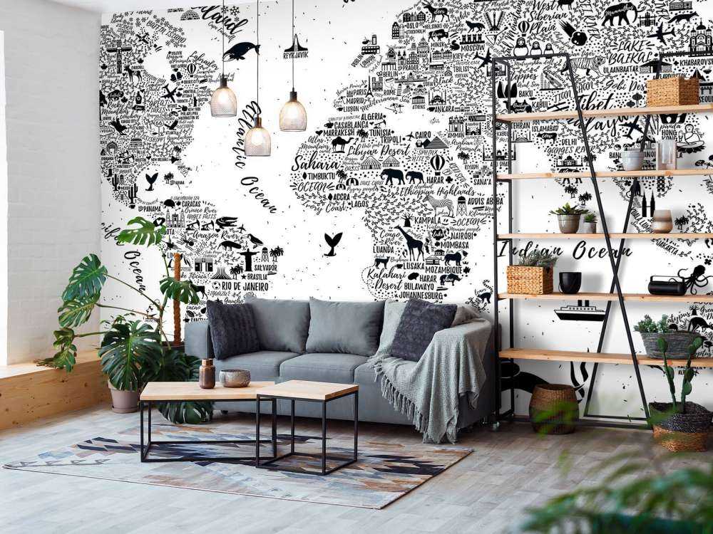 Wereldkaart in zwart-wit