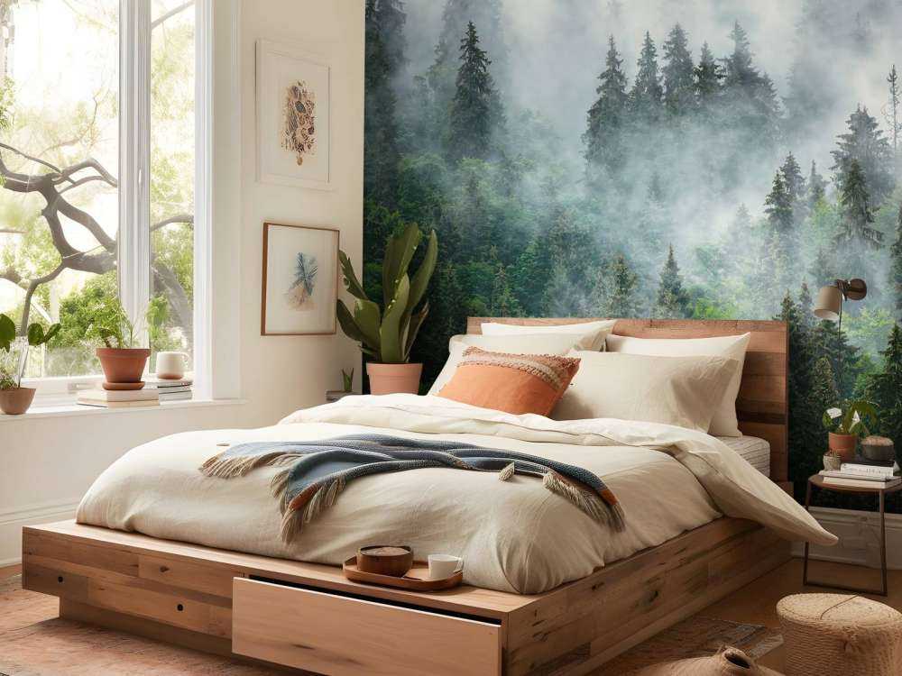 Mistig landschap met groene bomen