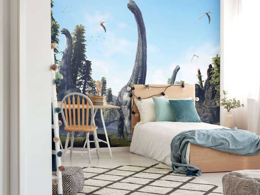 Alamosaurus groep lopen door een vallei