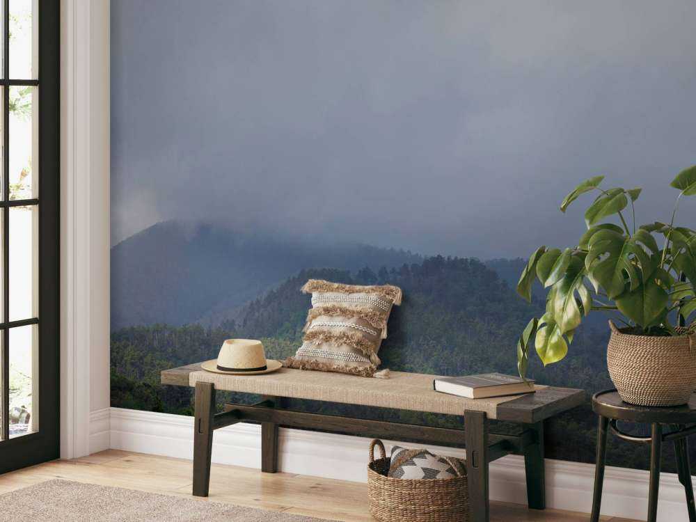 Wolken boven bomen in de bergen