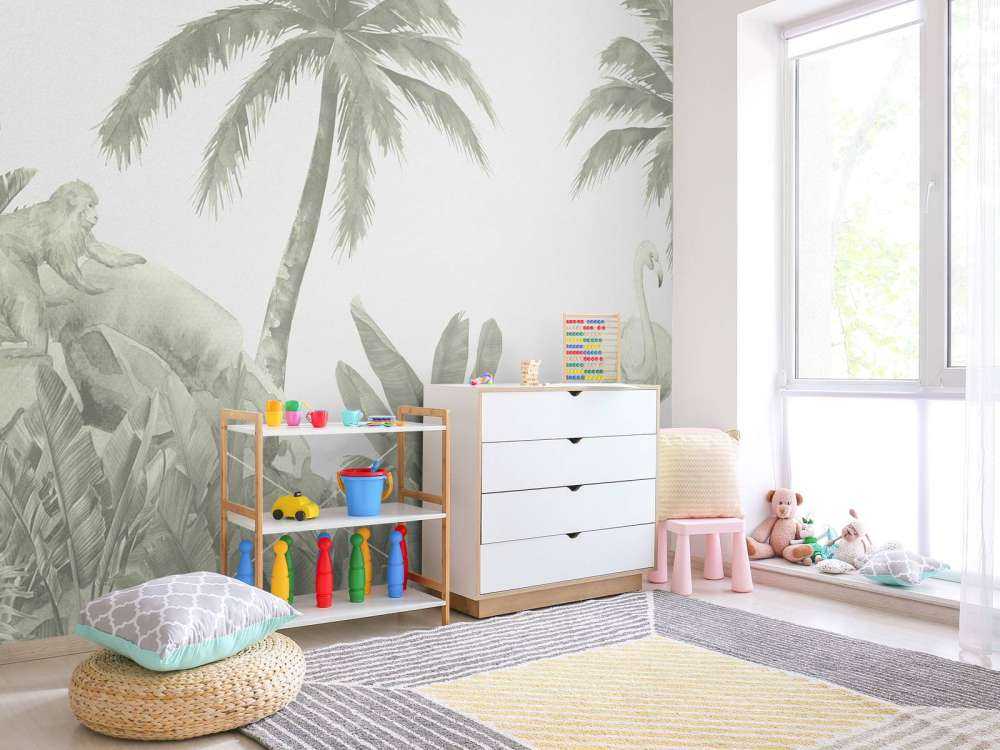 Apen en flamingo's in groen