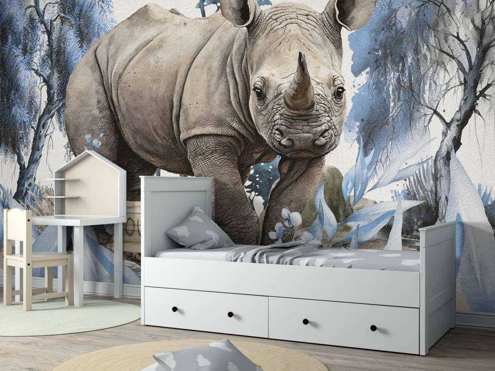 Baby neushoorn op de savanne blauw