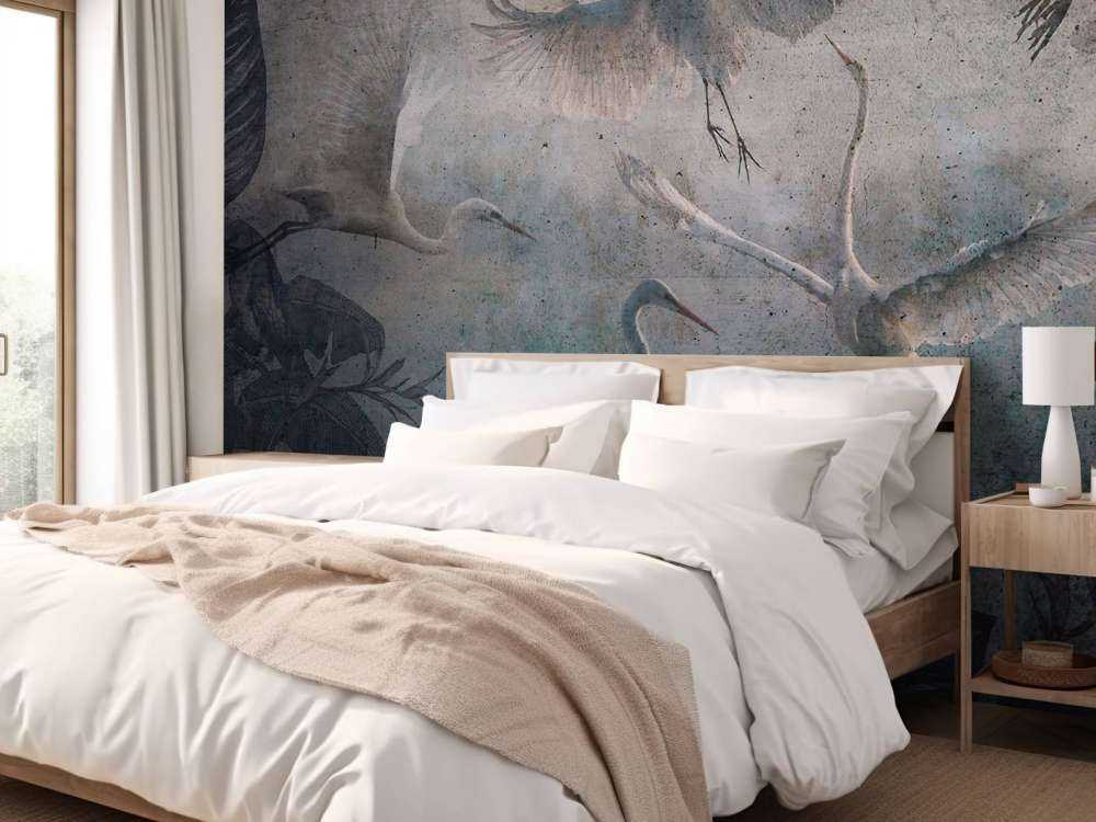 Vliegende reigers in schemerblauw