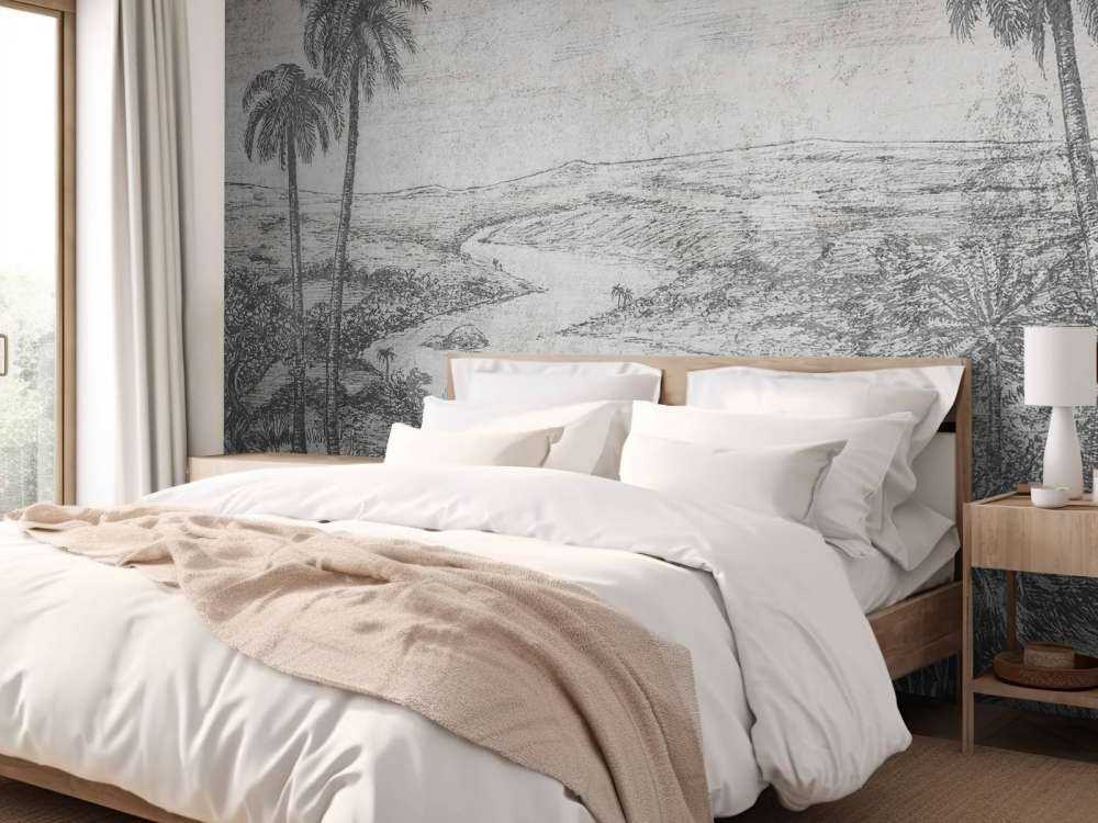 Palmenlandschap in grijze gravurestijl