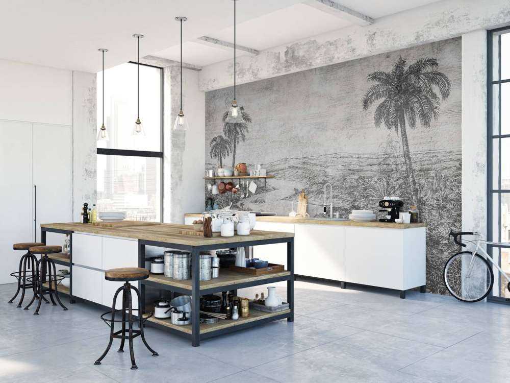 Palmenlandschap in grijze gravurestijl