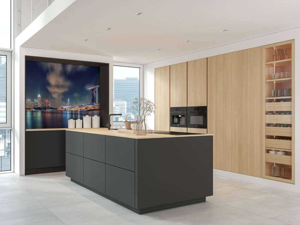 Waterfront skyline met futuristische lichten