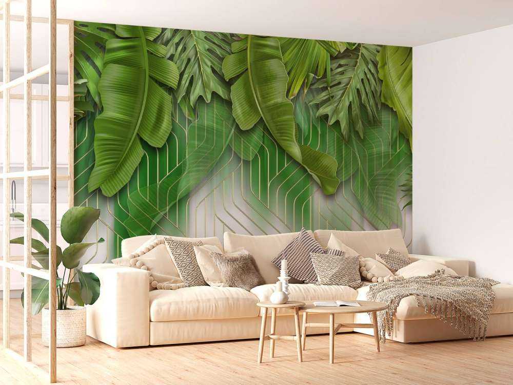 Gouden lijnen effect met groene bladeren