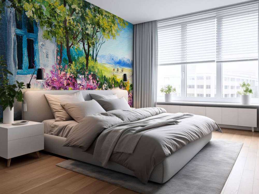 Uitzicht vanaf een tuin schilderij