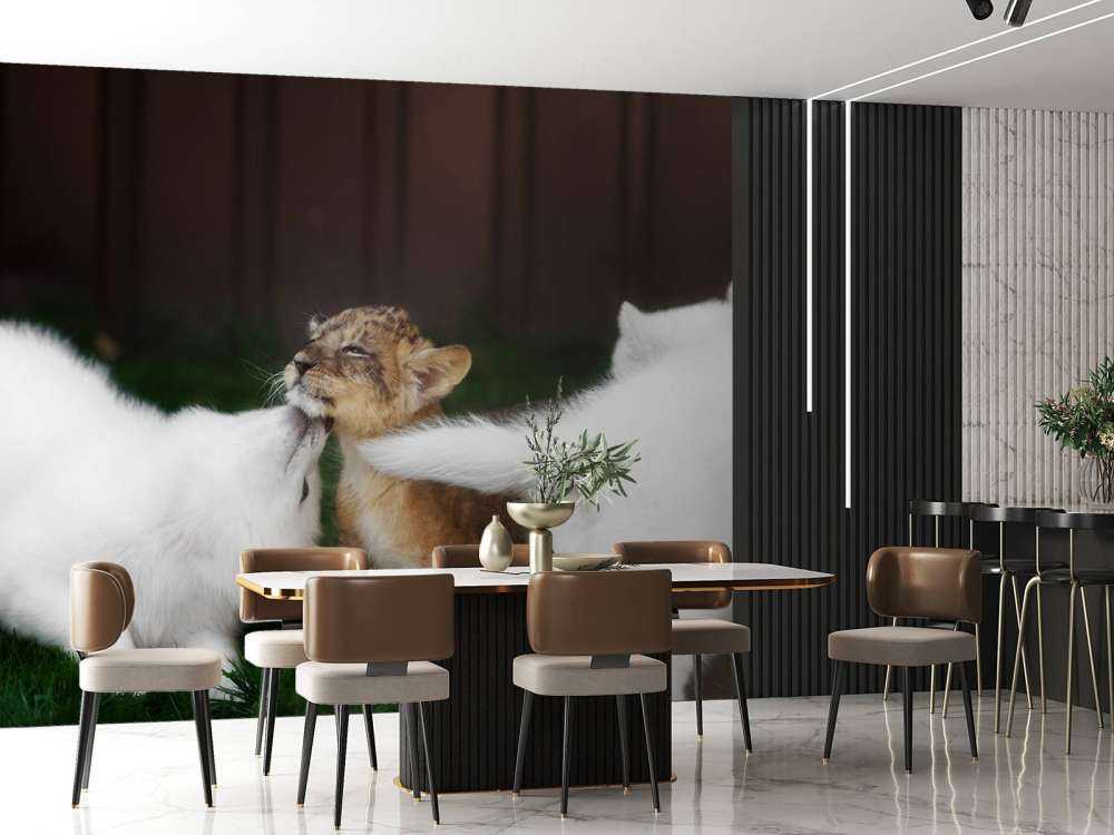 Welpje speelt met Zwitserse witte herders