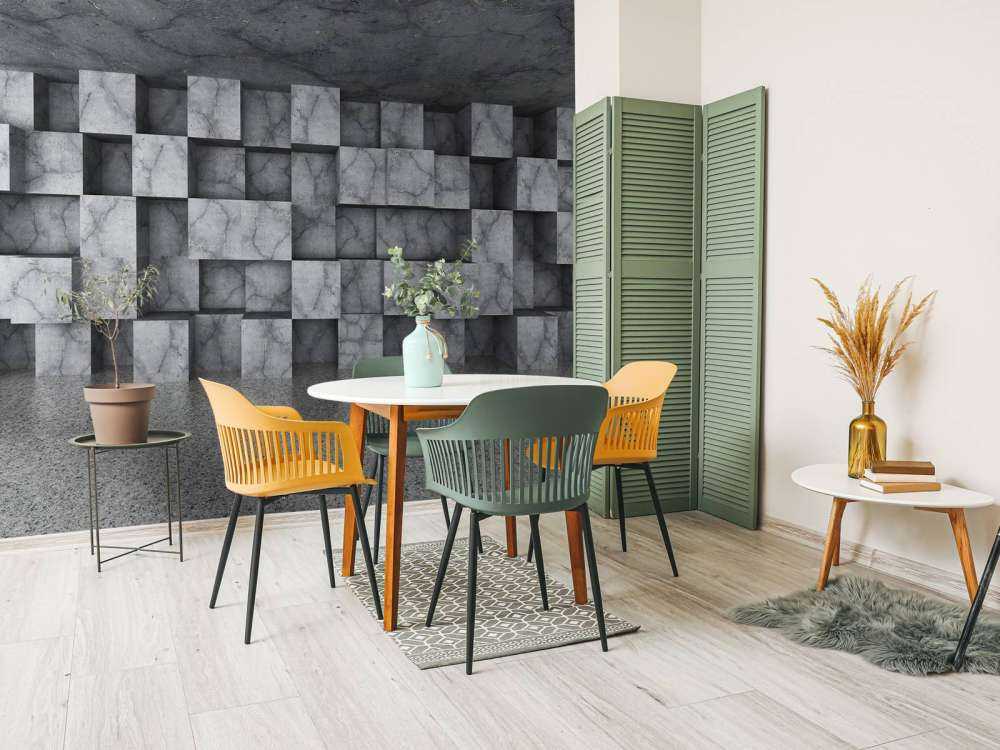 Betonnen ruimte met kubussen tegen de muur