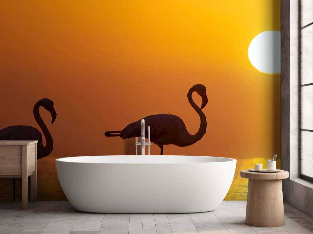 Flamingo's bij zonsondergang