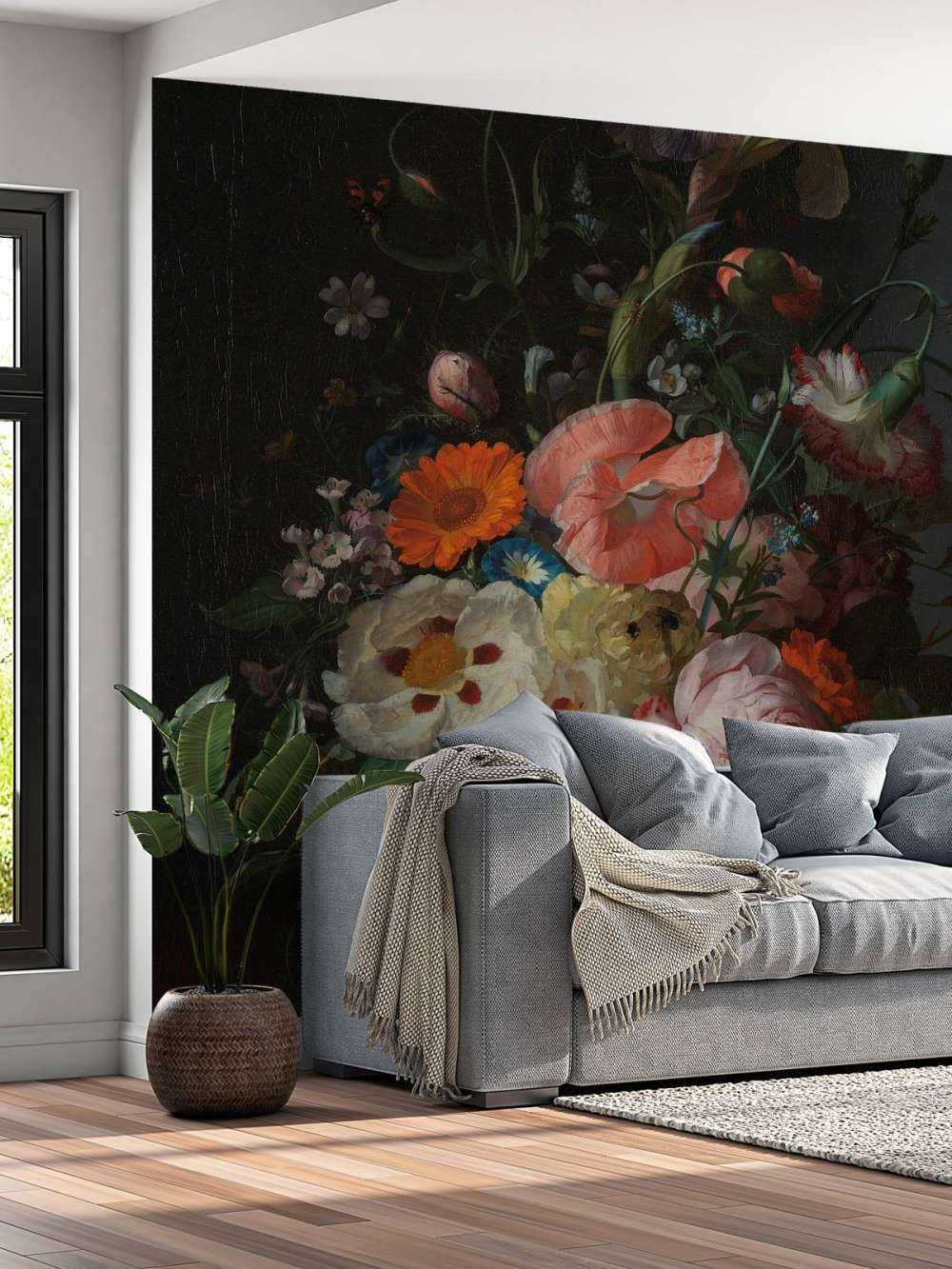 Stilleven met bloemen op een marmeren tafelblad