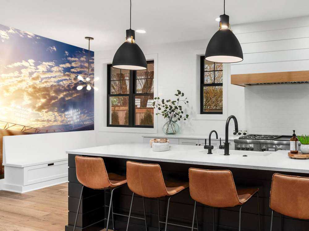 Honkbalstadion bij zonsondergang