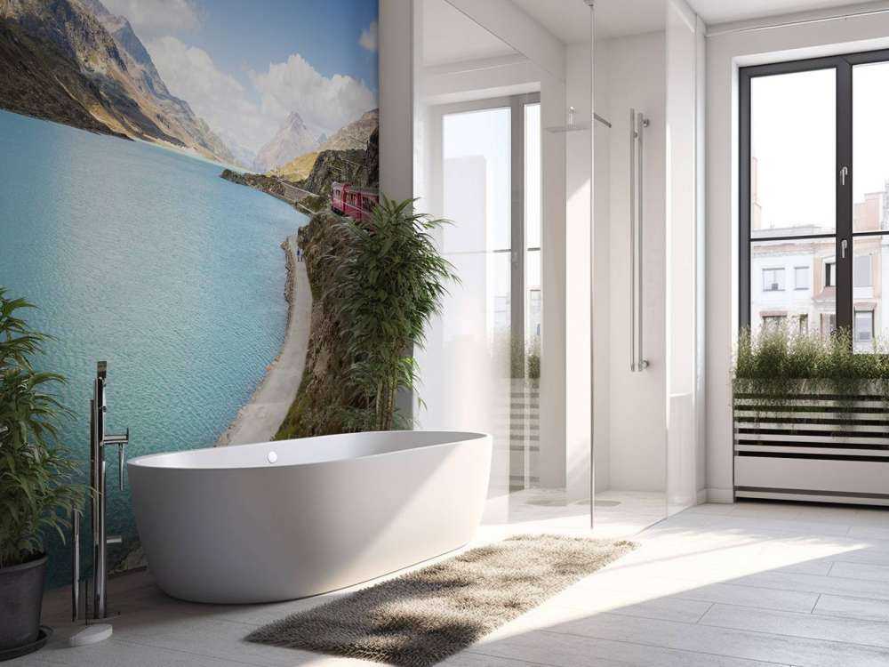 Rode trein langs een meer