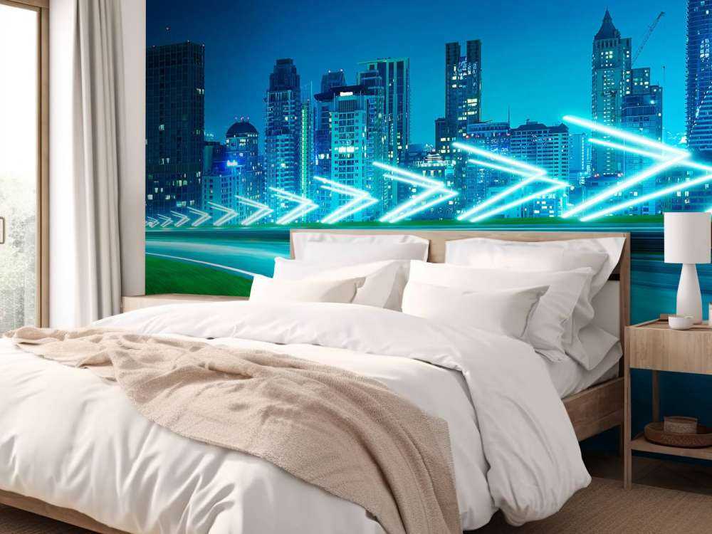 Futuristische snelweg langs een grote stad