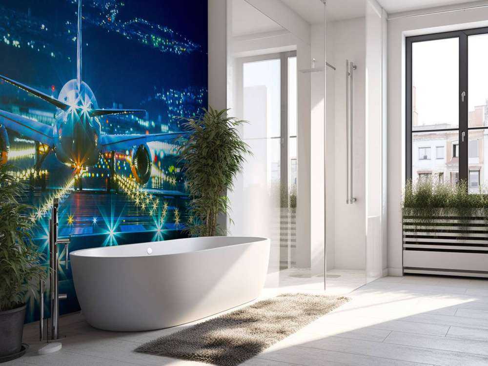 Vliegtuig op een verlicht vliegveld