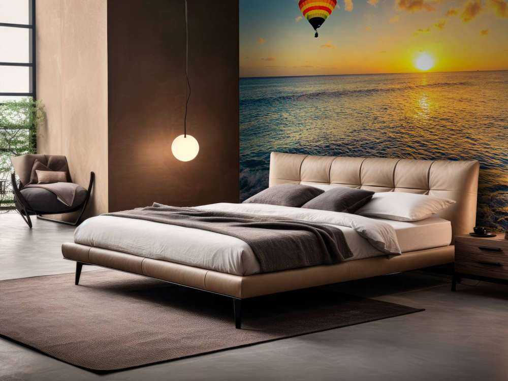 Luchtballon boven zee bij zonsondergang