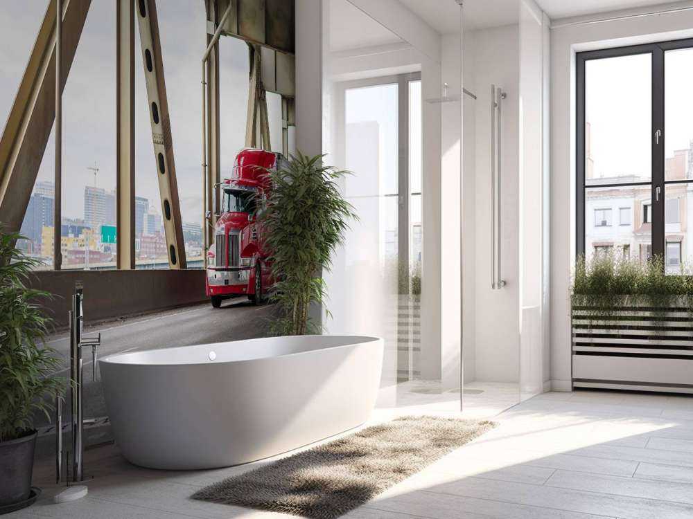 Rode Amerikaanse vrachtwagen op een brug