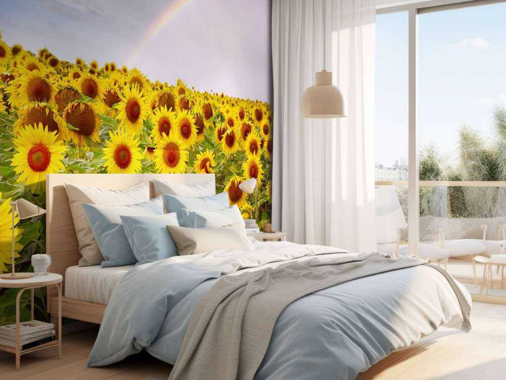 Regenboog bij zonnebloemen