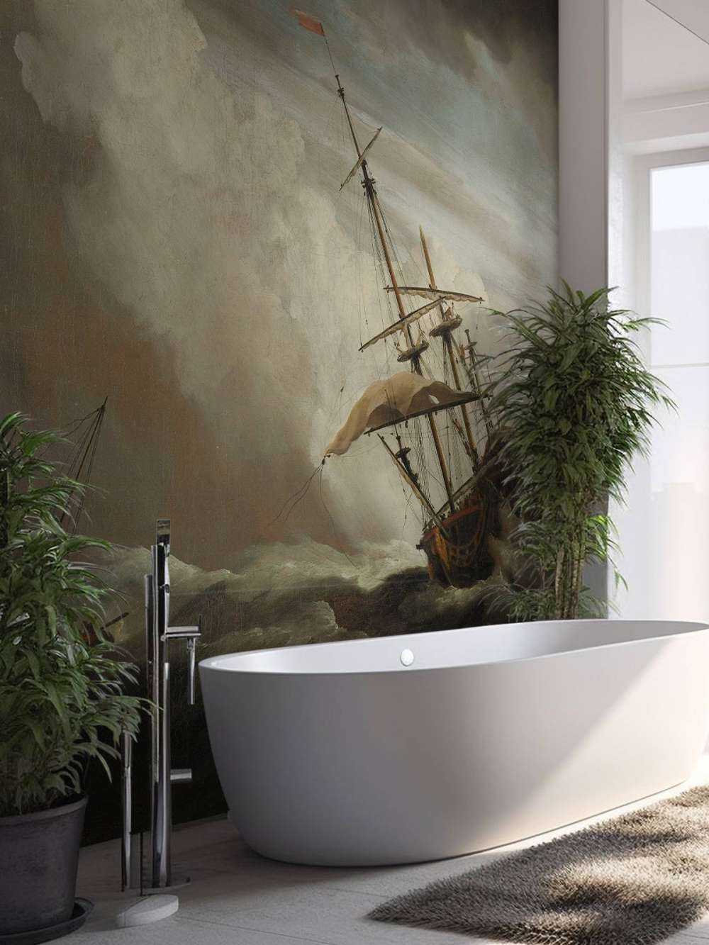 Een schip in volle zee bij vliegende storm