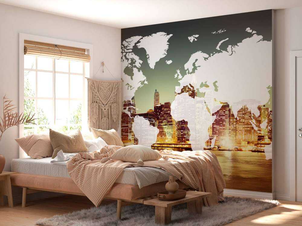 Wereldkaart met een stad op de achtergrond